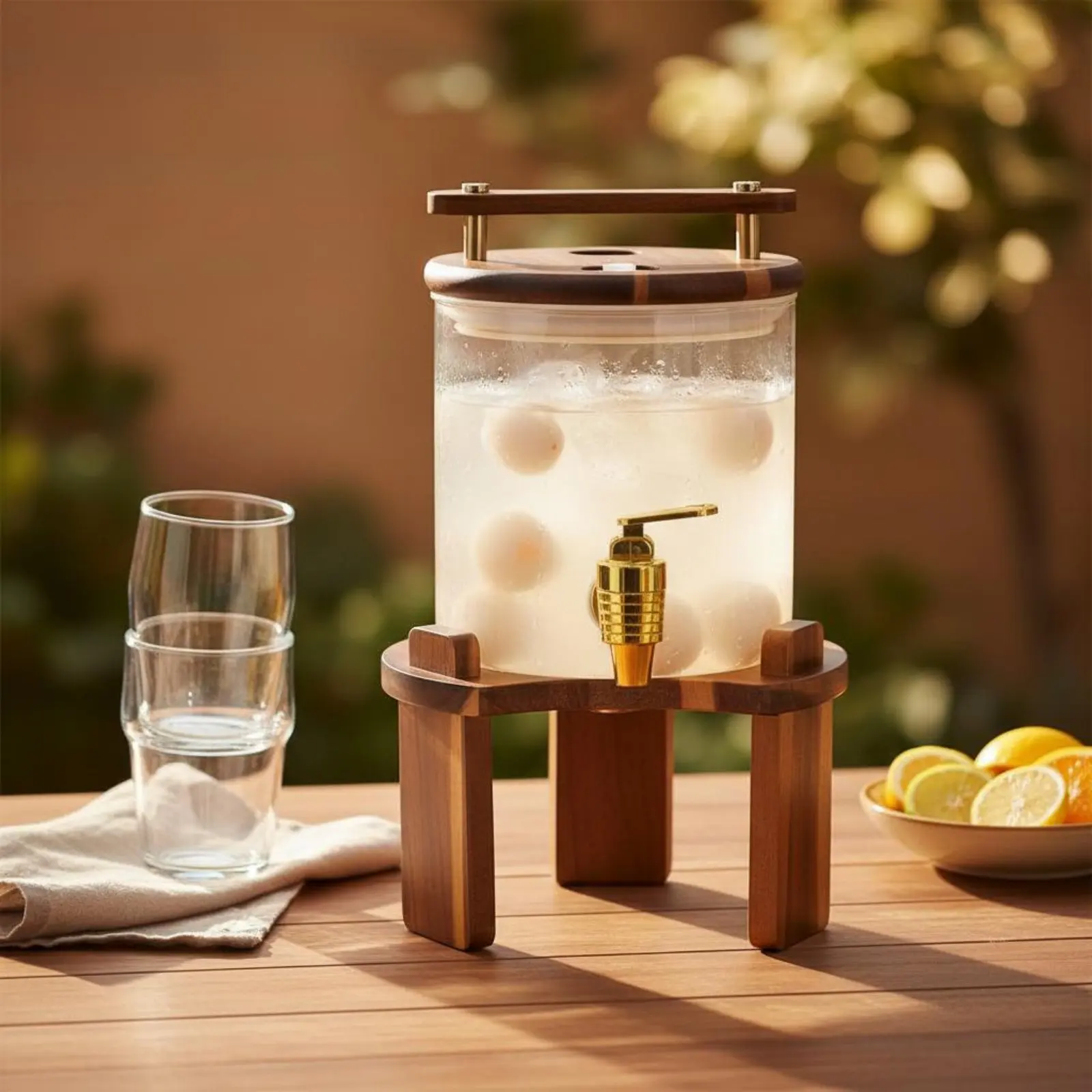 Beverage Dispenser Glass Drink Dispenser W Support Faucet Cold Drink Jar Wooden Stand Serving Ware Easy to Clean Party Equipment