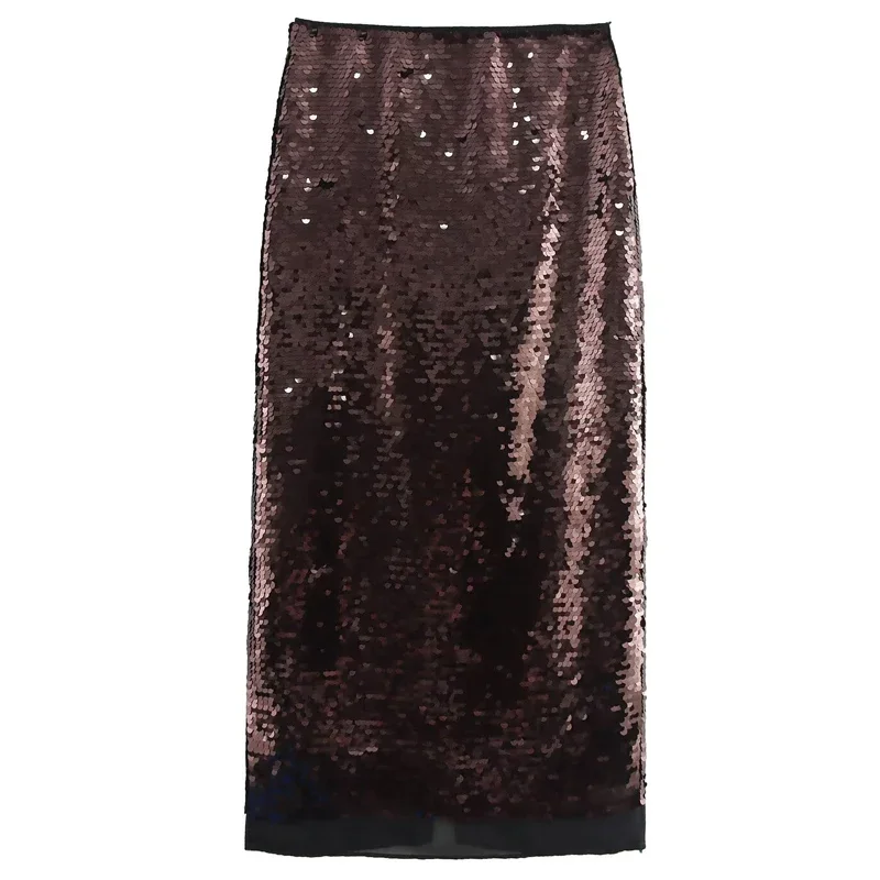 TRAF Brown Sequin Midi Skirt High Waist Stylish Long Skirts For Women Autumn Glitter Party Skirts Pretty Line Dance Skirt