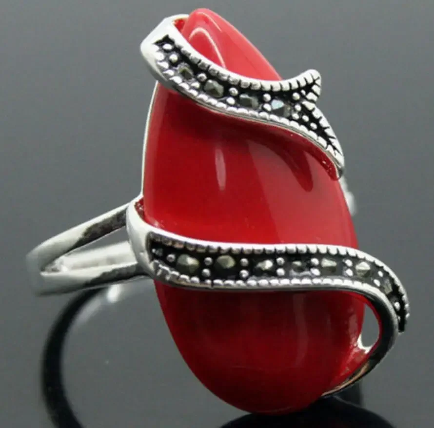 Fine jewelry   NEW 10X20mm Red Carved Lacquer Marcasite Tibetan Silver Lady Ring 7-10