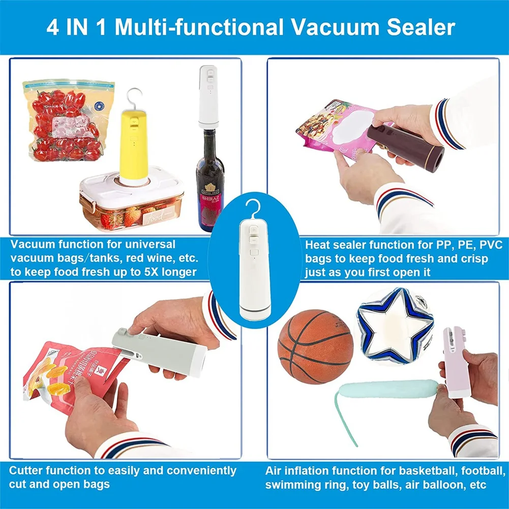 Rechargeable Handheld Vacuum Sealer Machine, Heat Sealer Cutter Inflation Tool, Food Bag Saver Packing Sealing System