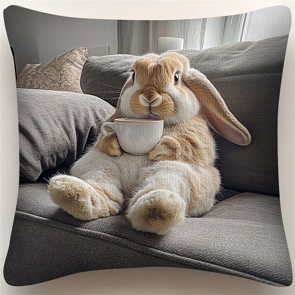 Rabbit Drinking Coffee On Sofa Realistic Photography Throw Pillow Cover Square Cushion Case Zipper Home Sofa Pillowcase