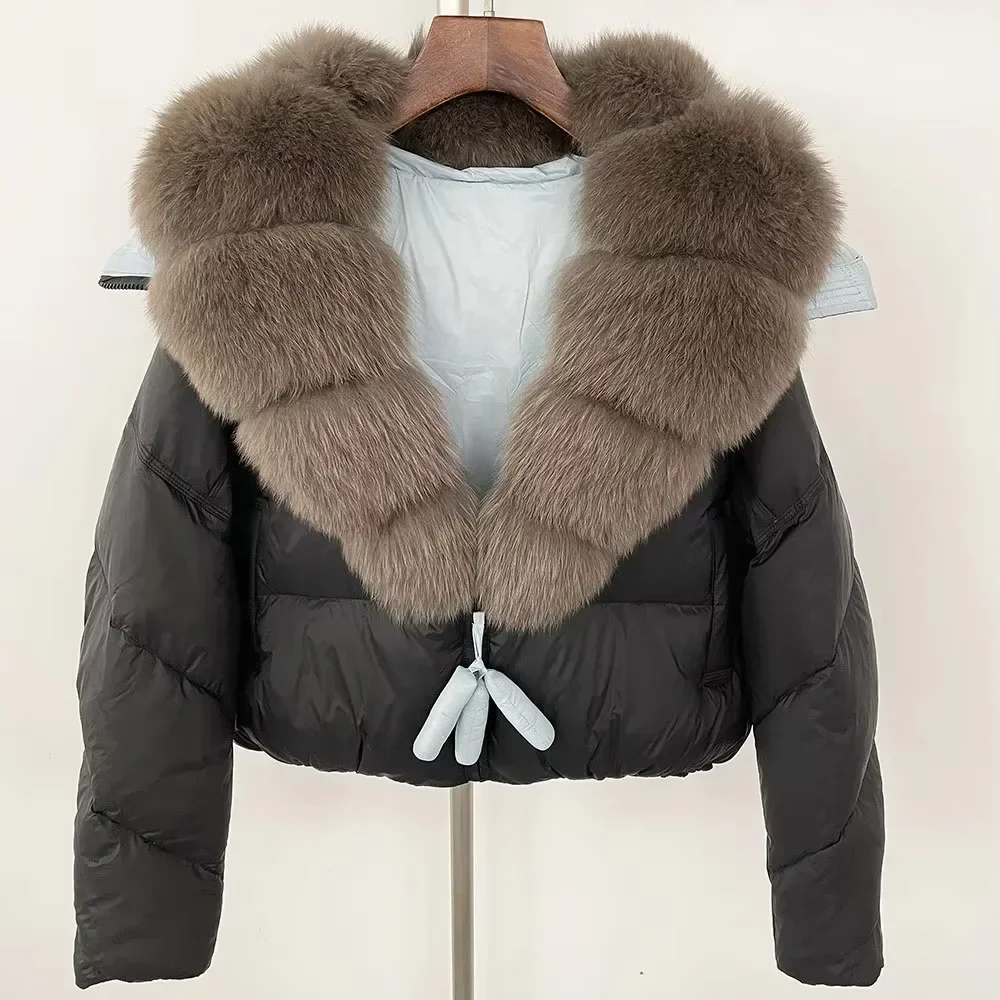بطة بيضاء أسفل معطف سميكة حقيقية الطبيعية الثعلب الفراء طوق قصيرة معطف الفرو موضة 2025 سترة منفوخة عادية الخريف الشتاء الدافئة النساء #4