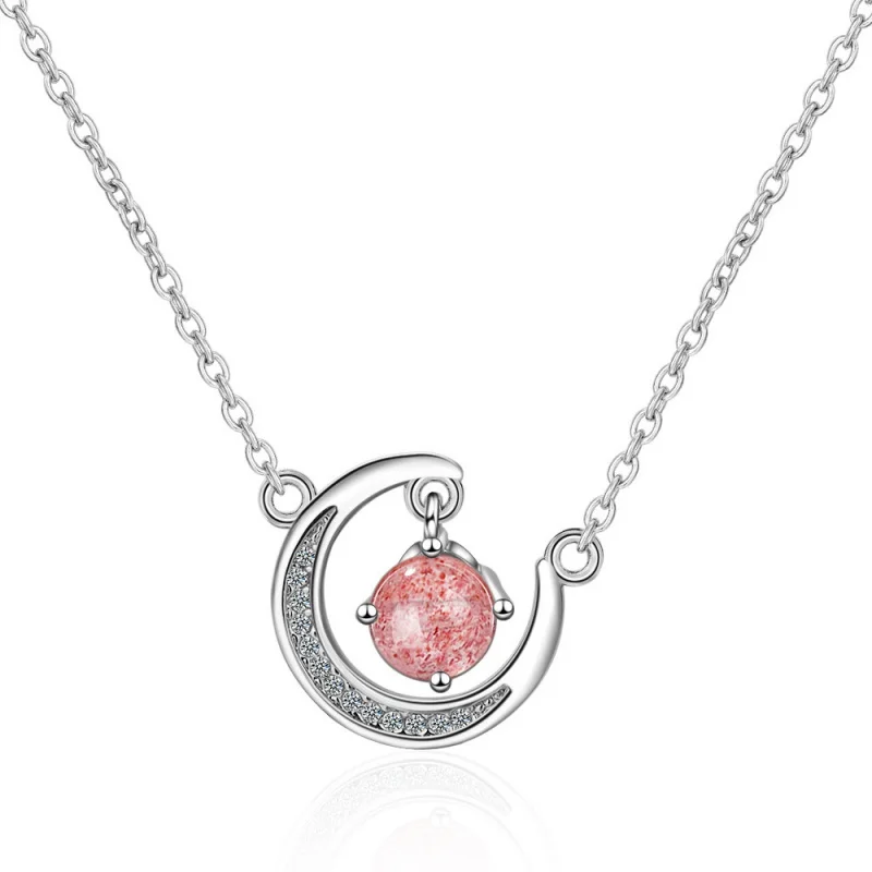 

925 Sterling Silver Fashion Aesthetic Exquisite Strawberry Crystal Crescent Moon Female Allergy Pendant Necklace H47