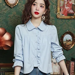 Doll Collar Long Sleeve Stringy Selvedge Chiffon Shirt for Women's Spring Autumn New Temperament Age Reducing Versatile Chic Top