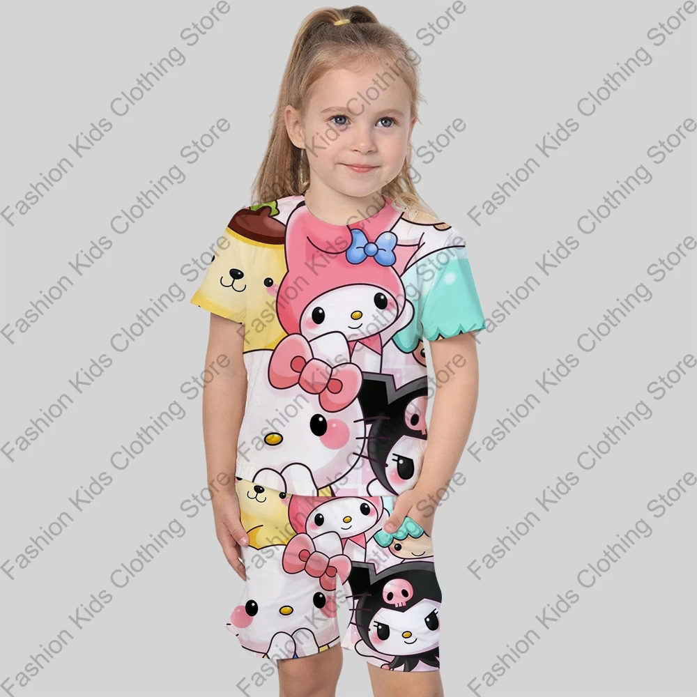 MINISO Summer Children Clothing Sets Boys Girls Cartoon Hello Kitty Print Casual T-shirt+Shorts Set Outfit Kids Tracksuits Suits