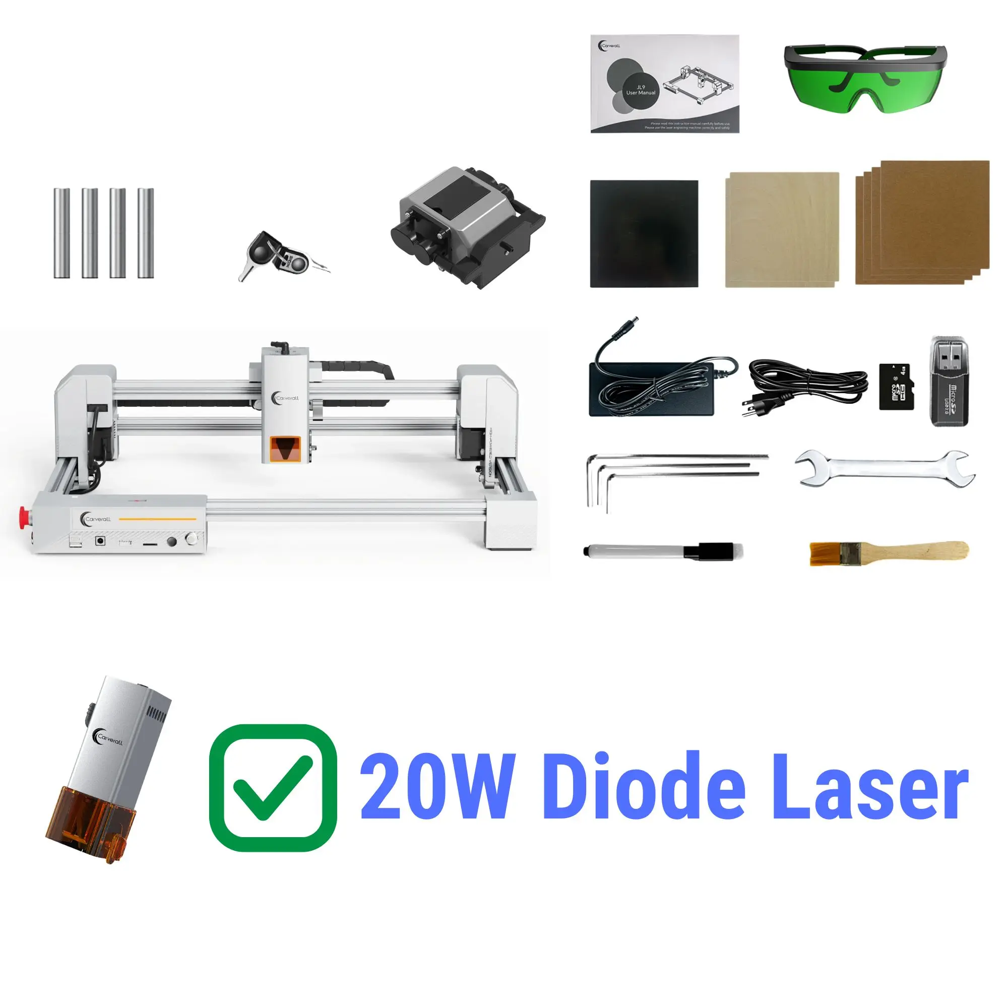 JL9 20W lasergraveer- en snijmachine met luchtassistentie, scherpere snijden en nauwkeurige gravures, 300*300mm, Lightburn-ondersteuning
