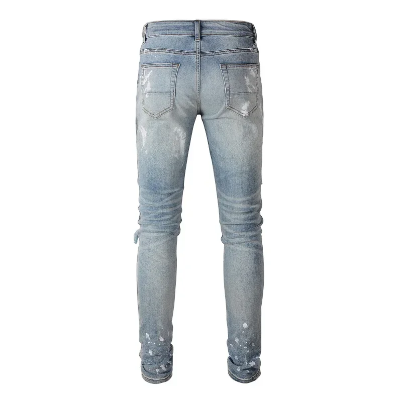 

Men Crystal Skinny Stretch Denim Jeans Streetwear Holes Ripped Distressed Pants Painted Patchwork Trousers