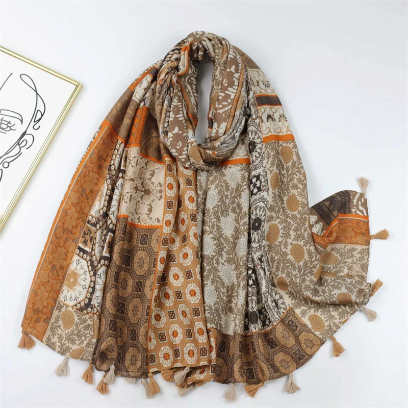 Vintage Viscose Scarves Women Design Aztec Geometric Floral Tassel Shawls And Wraps Pashmina Stole Bufandas Muslim Sjaal180*90Cm