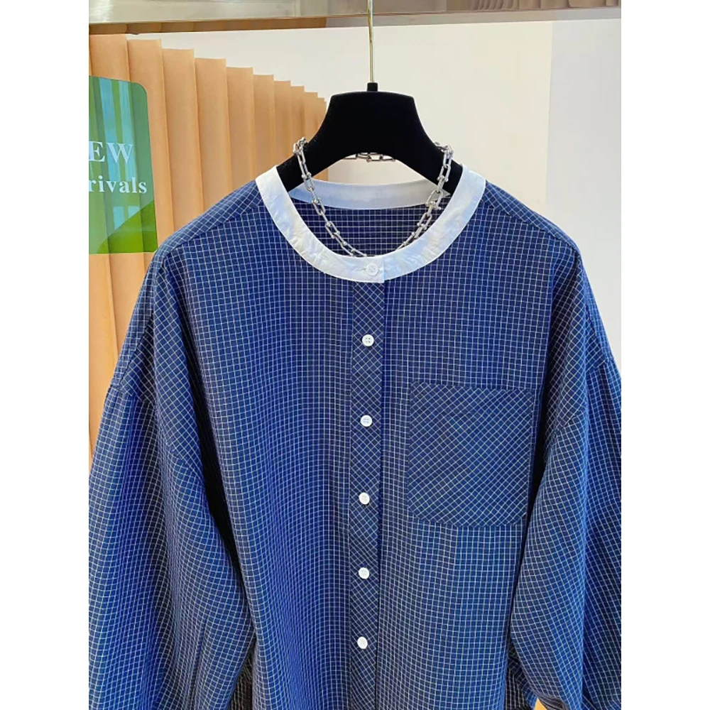 Mulheres em torno do pescoço azul xadrez camisas estilo coreano manga longa único breasted camisas primavera outono feminino casual solto casacos topos