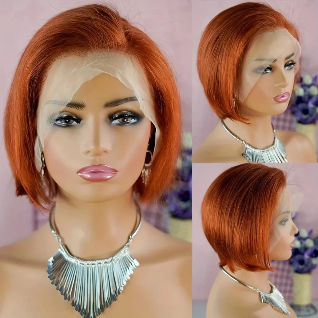 

13x4 Orange Pixie Cut Lace Front Wigs for Black Women Side Part Short Bob Wigs Ginger Wigs Straight Bob Wig 6 Inch
