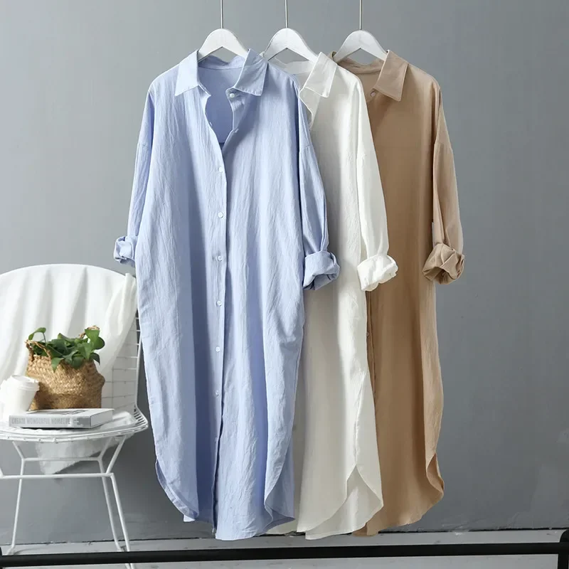 Shirt Dress Women Coat Long Coats Turn Down Collar Y2k Streetwear Blouses Single Breasted Casual Spring Shirts White Autumn