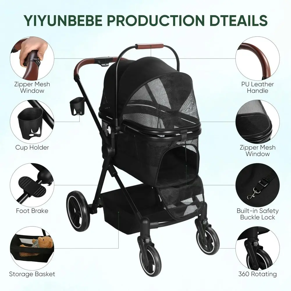 3-in-1 Foldable Pet Stroller for Dogs & Cats Up to 50lbs, Portable Bag, Storage Basket, Easy Folding Frame