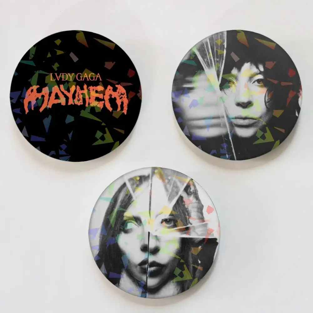 Singer Lady Gaga Mayhem Round Badge Lapel Pins for Backpacks Briefcase Laser Brooch Clothes Gifts