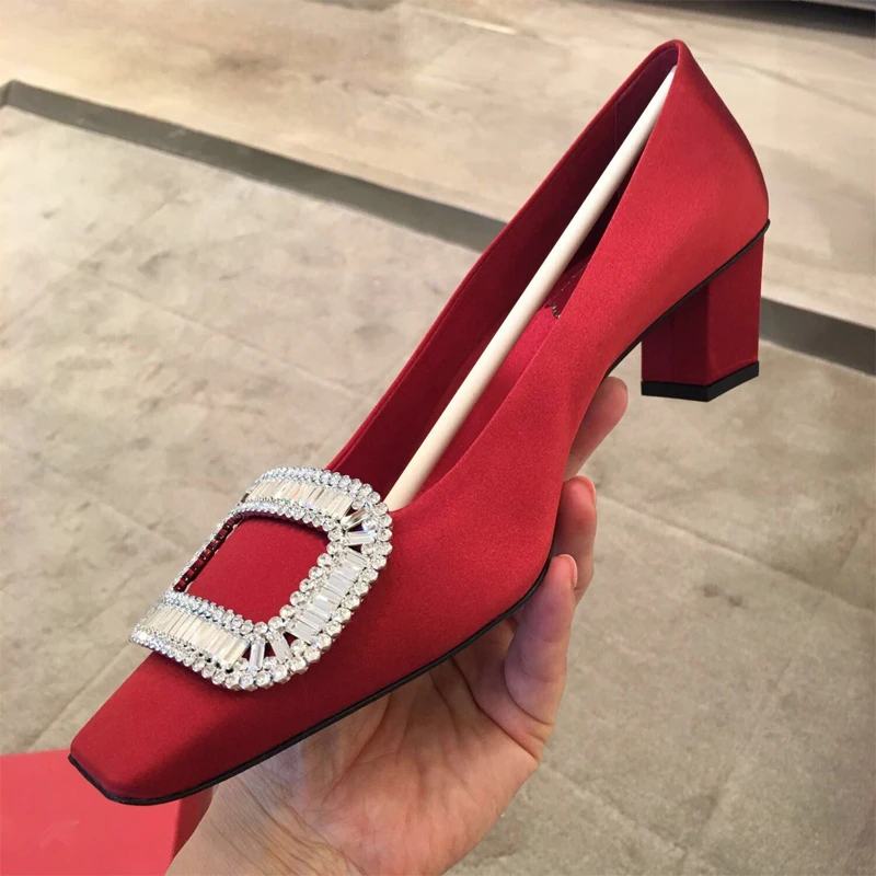 Water Diamond Square Button Thick Heel Shoes 2023 Summer New Square Headed Satin Shallow Cut High Heels Red Women's Shoes