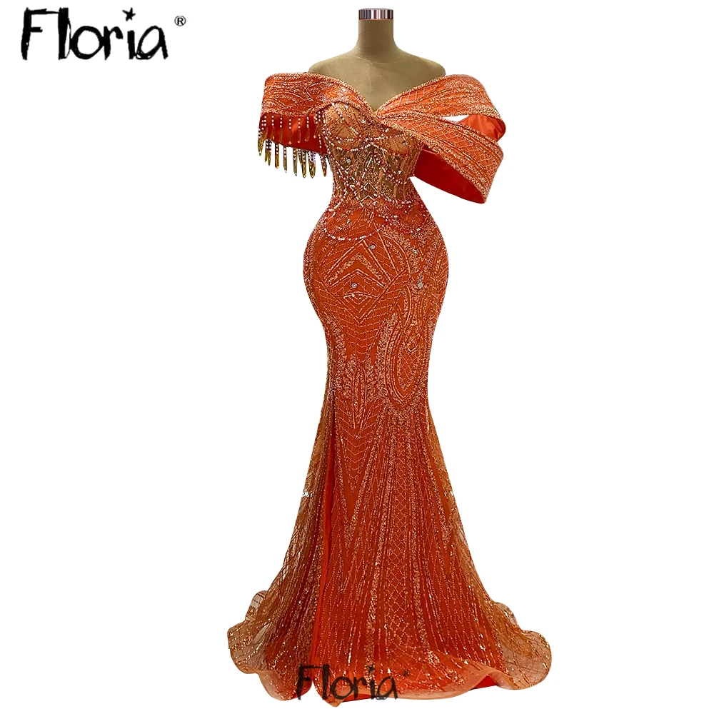 Aso Ebi Sparkly Orange Long Beaded Party Dress Women Wedding Night Gowns Off Shoulder Crystals Tassel Side Slit Prom Dresses