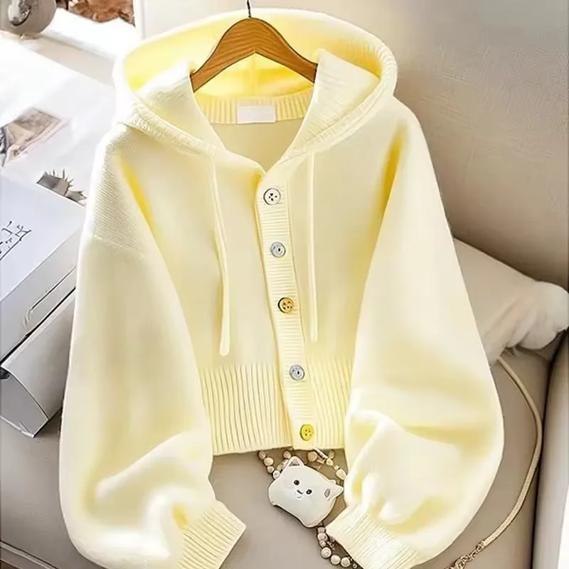Moda com capuz camisola de malha feminina outono inverno novo cardigan amarelo brilhante topo solto chique senhora jumper coreano casual outwear