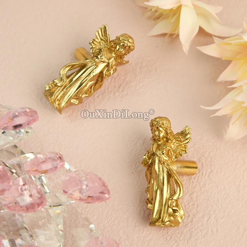 HOT 4PCS Solid Brass Little Angel Furniture Handles Drawer Knobs Cupboard Wardrobe Closet Dresser Cabinet Door Pulls Knobs Deco