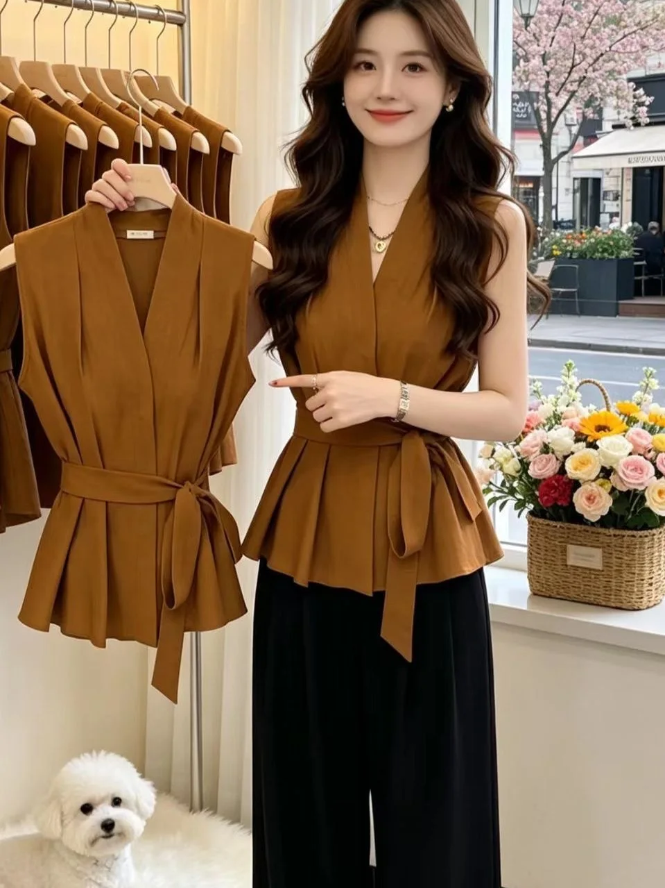 

Slim Fit Sleeveless Shirt Women's Summer New Style Pure Desire Knot Outerwear Shirt Top Korean Version V-neck Thinming Effect