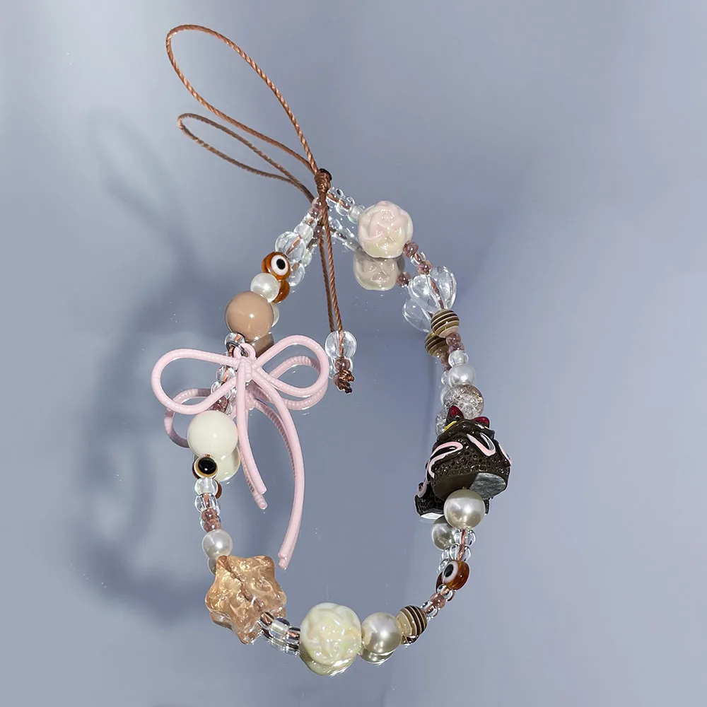 Brown Phone Charm Strap Chocolate Cake Cute Pink Alloy Bow Glass Star Pearl Bead Autumn Jewelry for Keychain Camera Wallet Decor