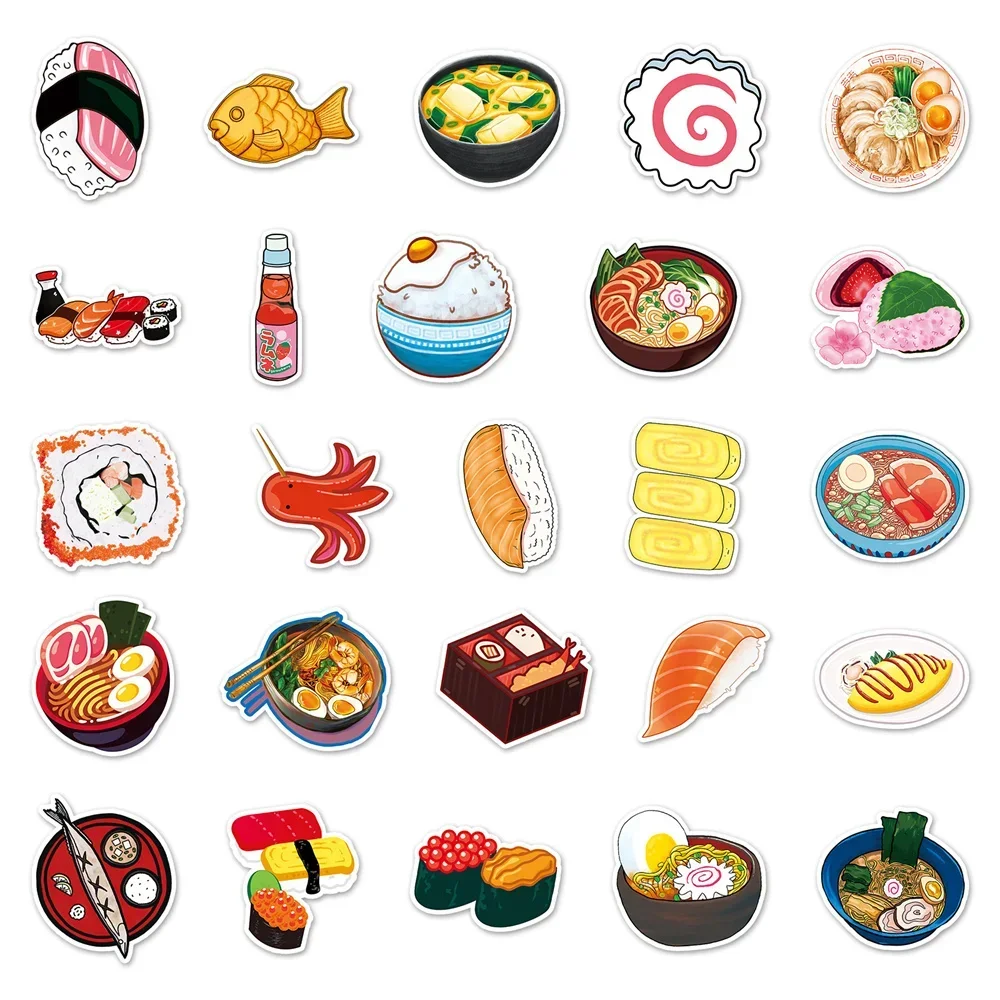 50PCS Cartoon Japanese Food Graffiti Waterproof Stickers Creative Trendy Fridge Guitar Skateboard Travel Box Decoration Stickers