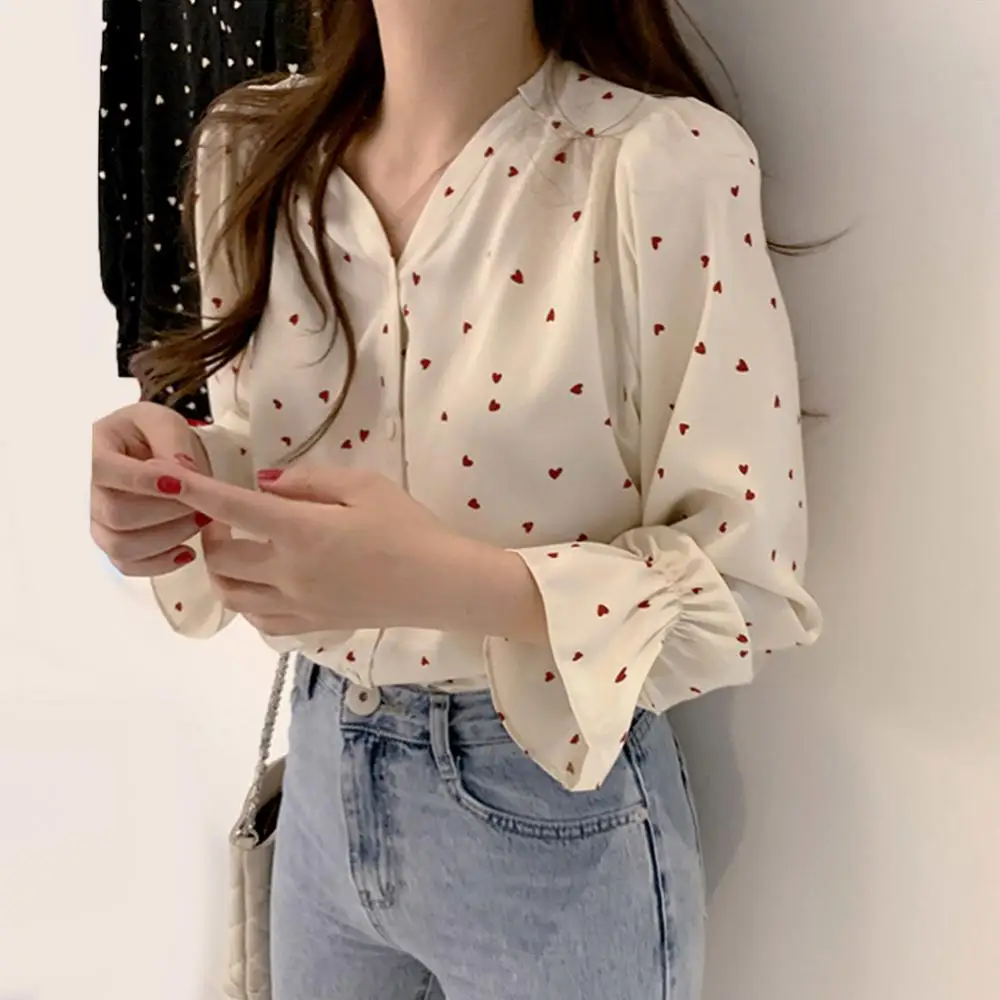 Korean Style Women Chiffon Blouses Heart Print Loose Button Up Shirt Women V Neck Long Sleeve Casual Blouse Office Ladies Shirt