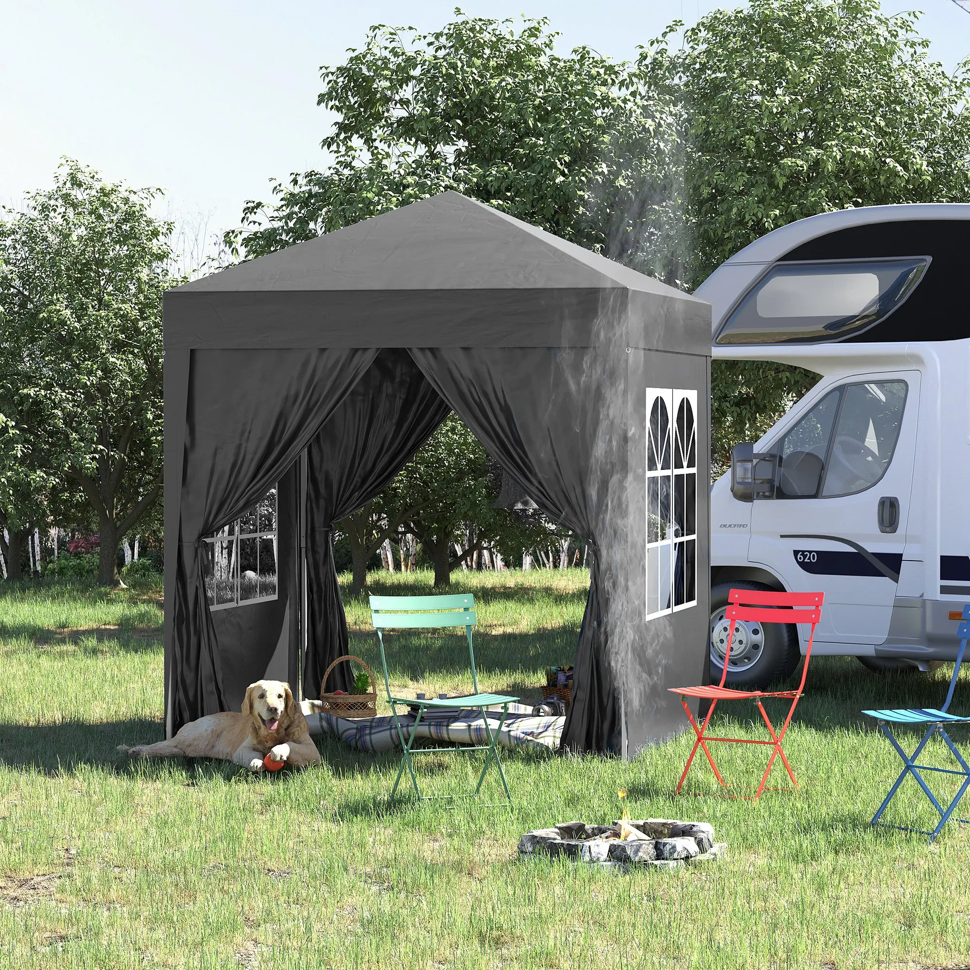 Gazebo Plegable Negro de 2x2m, 4 Paredes Laterales con Ventanas, Protección UV, Acero Oxford, Bolsa de Transporte