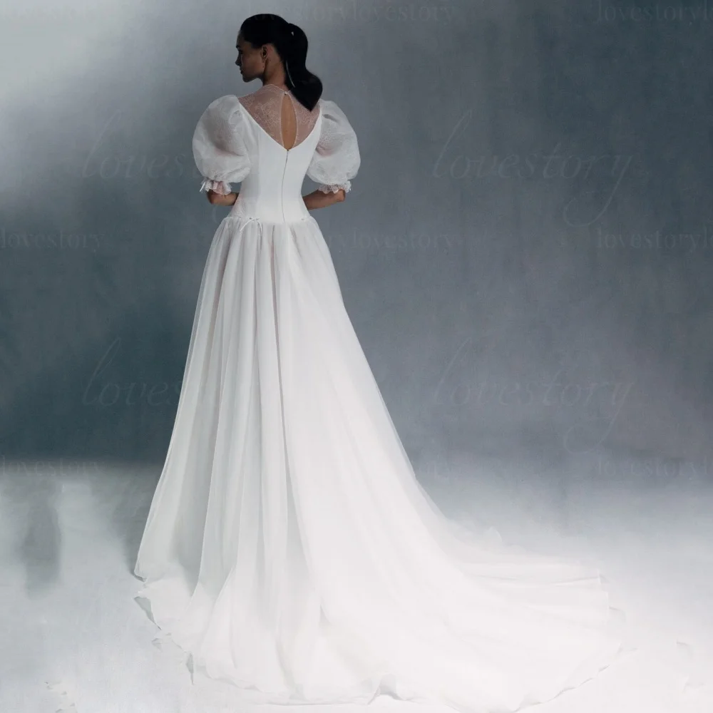 V Neck A Line Customized Wedding Dresses Tulle Puffy Sleeve Bridal Gowns Classic Bride Robes Vintage vestido de novia