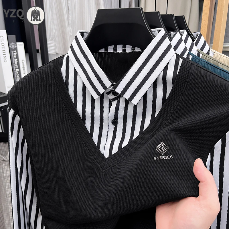 Mens Basic Fake Two Piece Striped Shirt Sweater Vest Long Sleeve Business Casual Top view 3