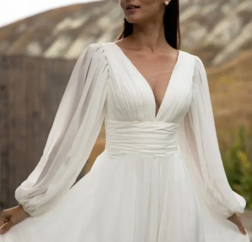 A-LineชีฟองสีขาวยาวพัฟแขนBackless Pleatชุดเจ้าสาวความยาวชั้นVestidos De Noviaชุดแต่งงานที่หรูหราผู้หญิง 2023