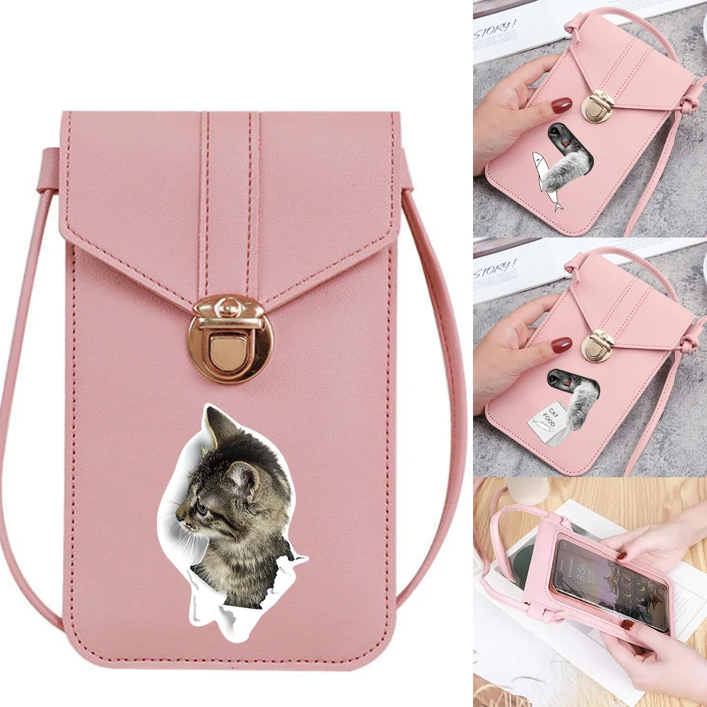 

Mobile Phone Bag Fashion Shoulder Touch Screen Phone Bag Cat Pattern Printing Series Leather Women Crossbody Bags