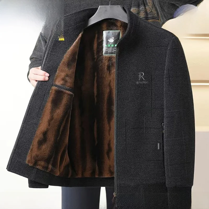 

Thiened Fce Lined Men's Jaet Busin Gentleman Sle Stand Fit Autumn Winter Coat for Middle-Aged And ly