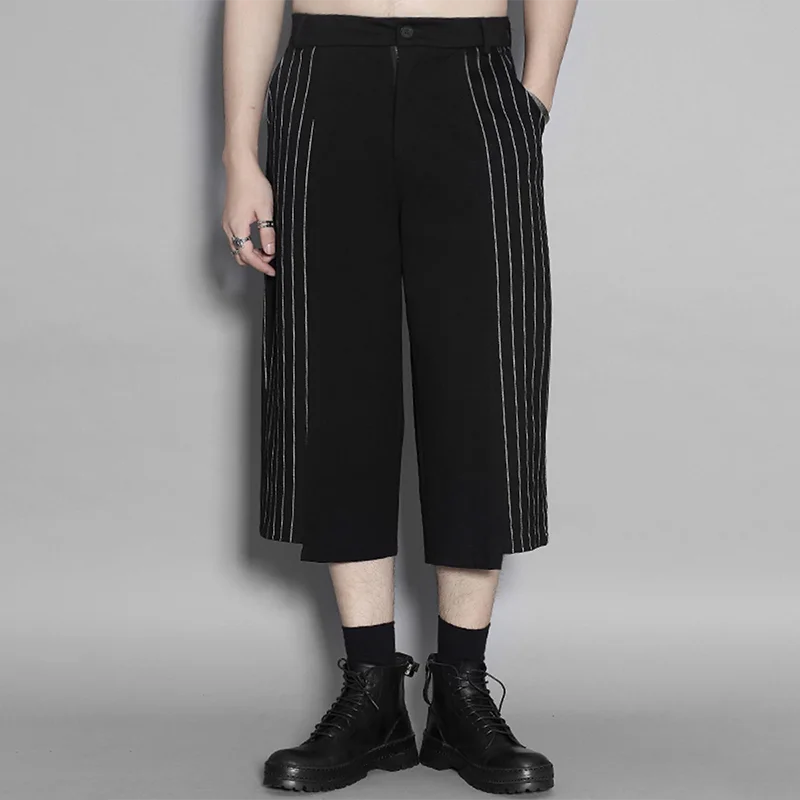 MWJLPWQ Spring Summer Darkwear Vertical Stripe Patchwork Drapey Cropped Pants Men Casual Straight Wide-Leg Shorts Trendy 16717