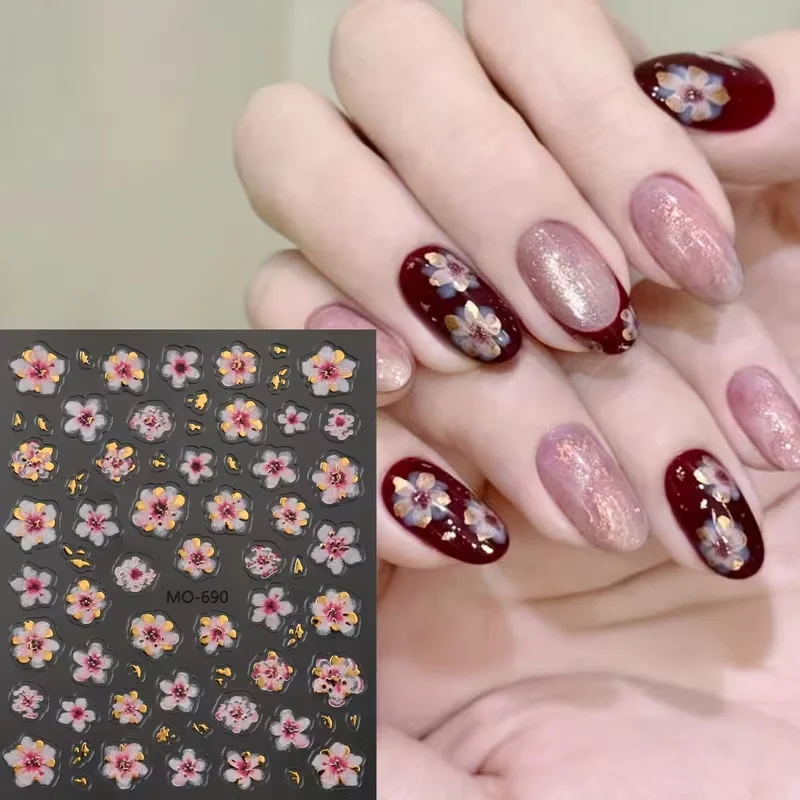 1 unidad de pegatinas florales metálicas 5D para uñas, pegatinas de flores de lámina dorada para uñas Vintage, flores de cerezo blancas, rosas y marrones, suministros para uñas de boda