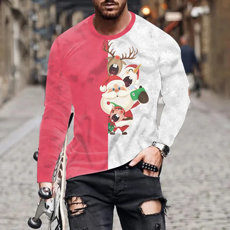 Autumn Winter Christmas Style Men\'s Long Sleeve T-Shirts Snowflake And Deer 3D Print Male Red Tees Festival Casual Big Size Tops