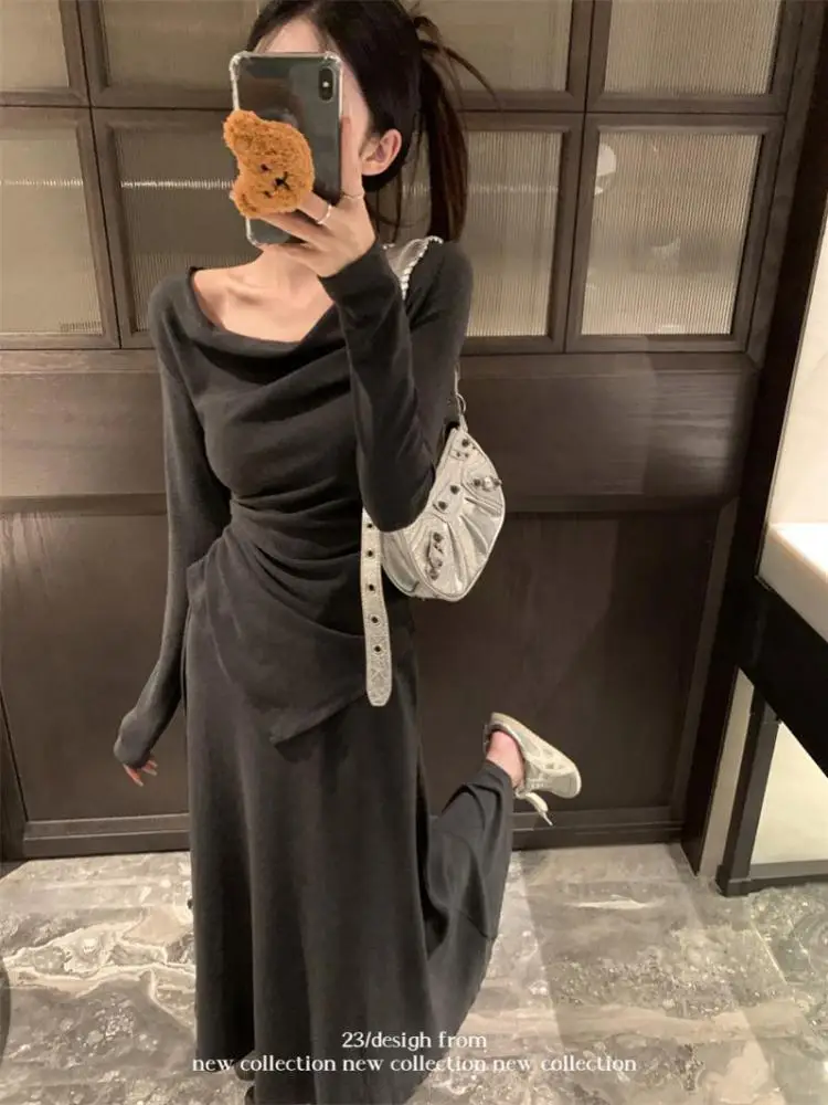 

Осень-зима женские серые коричневые пуловеры с длинными рукавами нестандартной формы + плиссированная юбка с высокой талией 2025 комплекты из двух предметов в корейском стиле