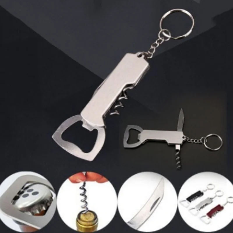 3 in 1 Keychain Beer Bottle Opener Stainless Steel Portable Red Wine Beer Bottle Opener Foil Cutter Corkscrew Kitchen Tool