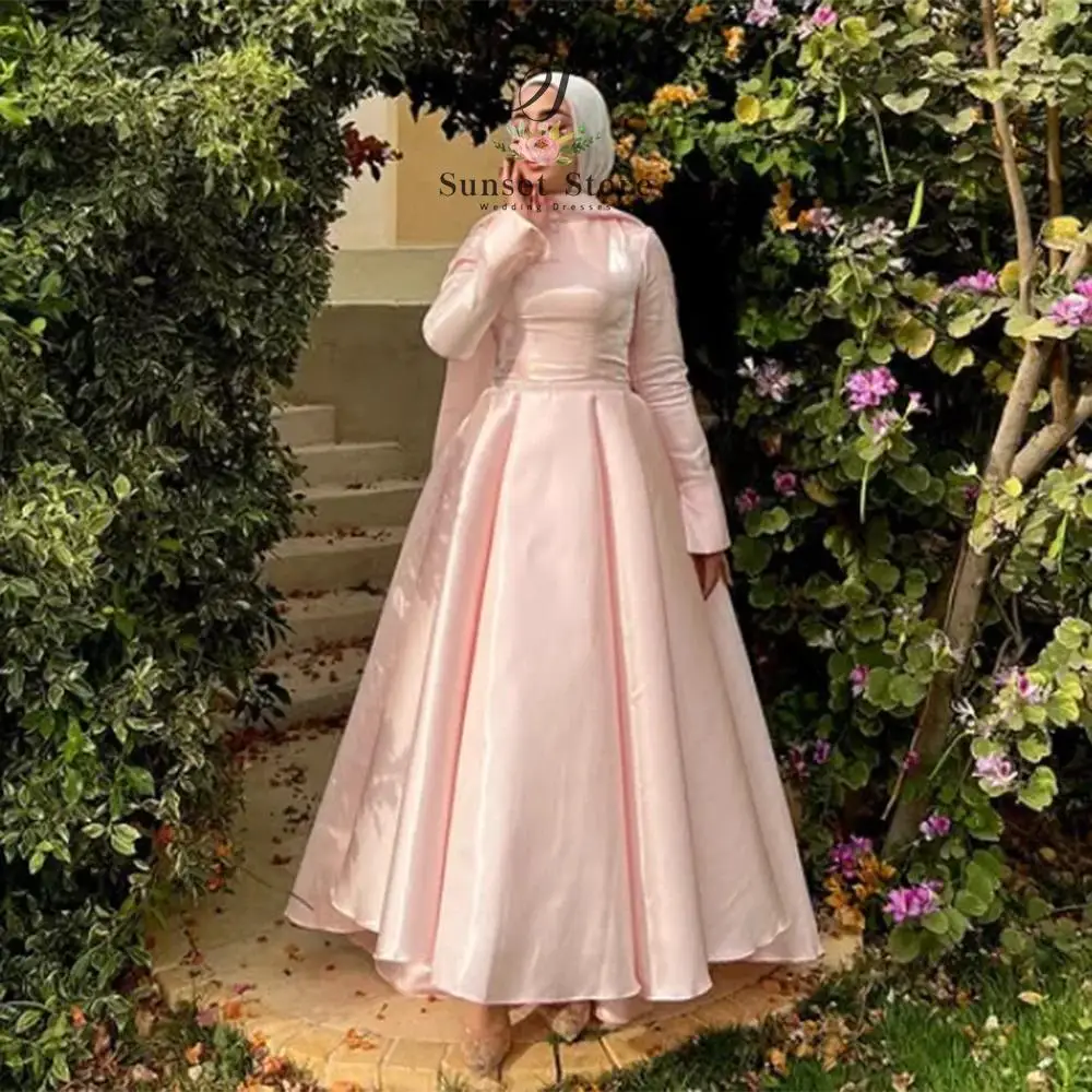 

Customized Pink A-Line Prom Dresses Floor-length High-Neck Full Sleeve Evening Gown Simple Fashion Draped Casual Party Gown