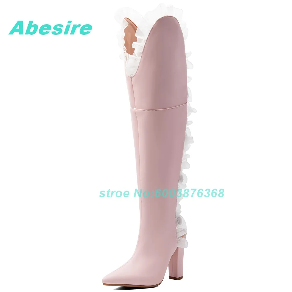 Sweet Pink Lace Cutout Knee High Boots Women Pointed Toe Block Heel Back Strap Boots Lolita Fall Winter Cute Fashion Shoes