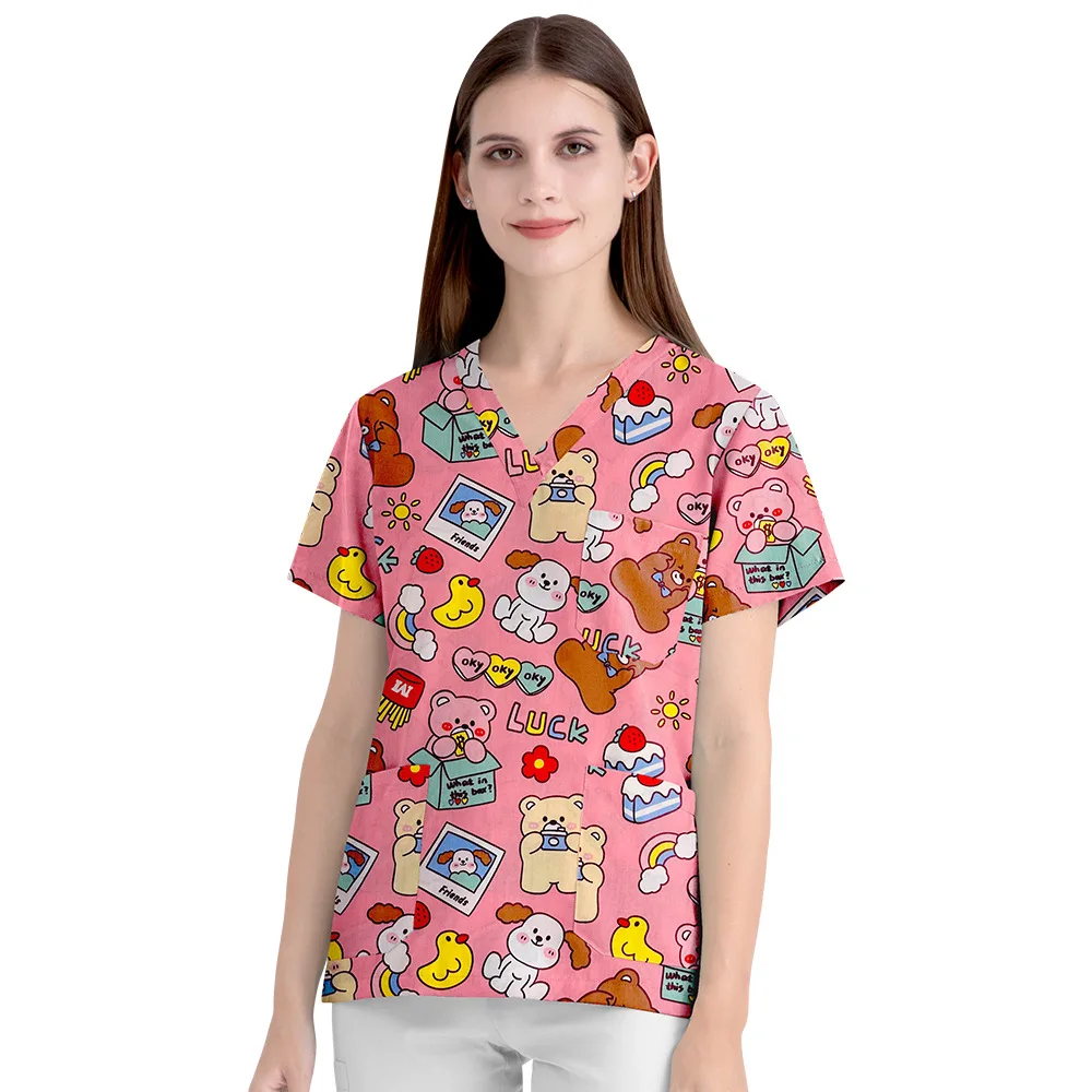 Impressão médica topos esfrega camisa hospital clínica dentária workwear roupas enfermeiras acessórios esfrega conjunto topos cirúrgicos