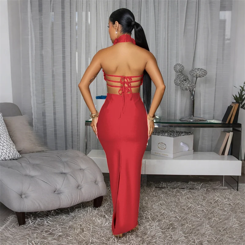 Sexy Floral Halter-Backless Geburtstag Party Lange Kleider Frauen Abend Nachtclub Bandage Cut Out Hohe Taille Split Prom Maxi Kleid