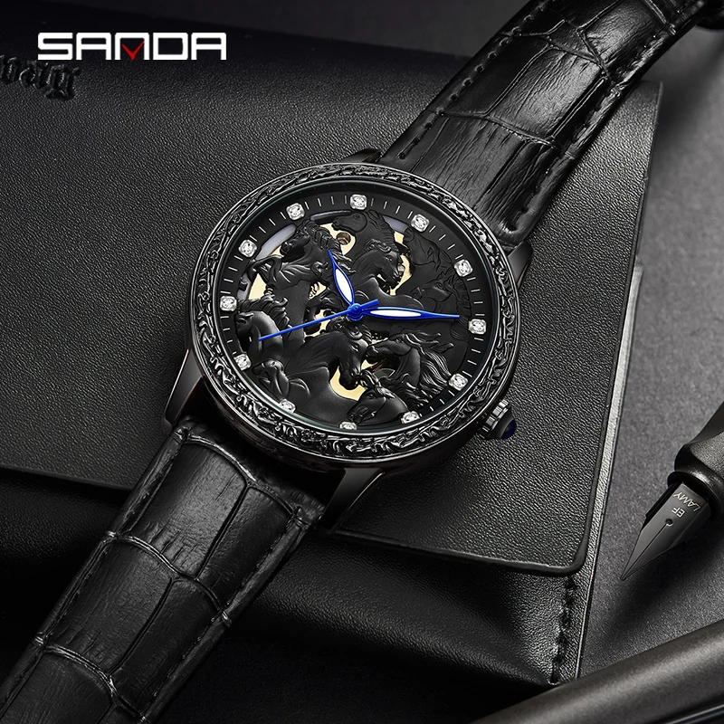 SANDA Luxury Personalized Mechanical Men Watch Skeleton Dial Fully Automatic Mens Watches Genuine Leather Strap 3ATM Waterproof