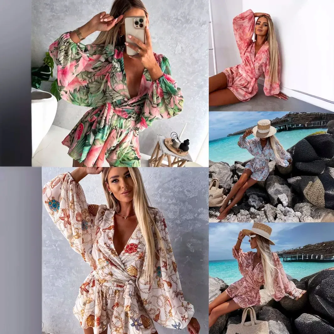 

Women's Autumn New Print V-neck Batwing Sleeve Long Sleeve Belted Jumpsuit Shorts Set High Waist T-shirt Dress Citywalk Cotton