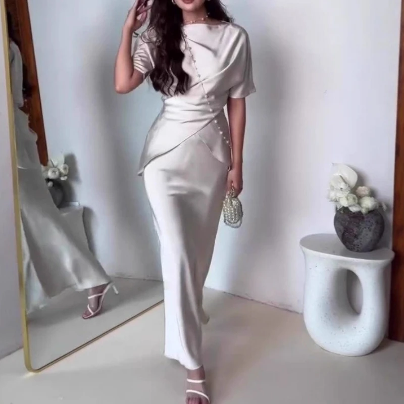 Primavera verão cetim vestido longo terno branco elegante tripulação pescoço cruz tie-up topo & bodycon saia conjunto 2 peça chique sólido mulher outfit