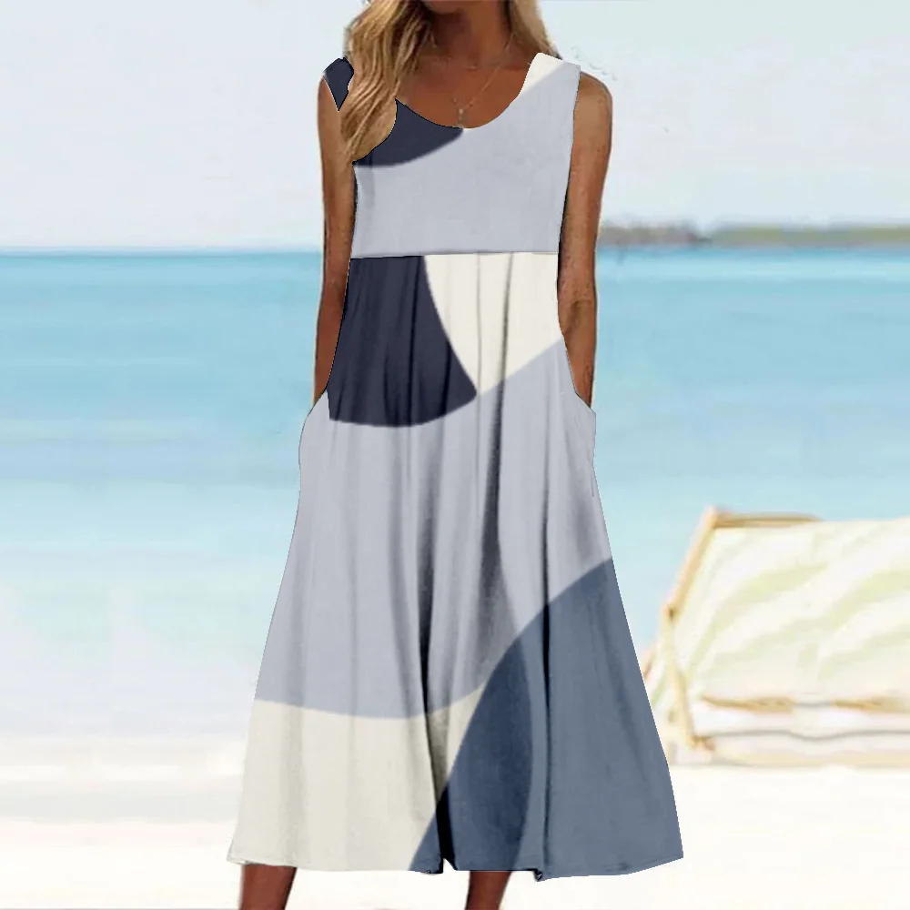 Vestido 원피스 기하학적 패턴 프록 플러스 사이즈 O-넥 롱 스커트, 미적인 의류, 여름 민소매 드레스, 느슨한 의상 Best5 Vestido 원피스 기하학적 패턴 프록 플러스 사이즈 O-넥 롱 스커트, 미적인 의류, 여름 민소매 드레스, 느슨한 의상 Best5