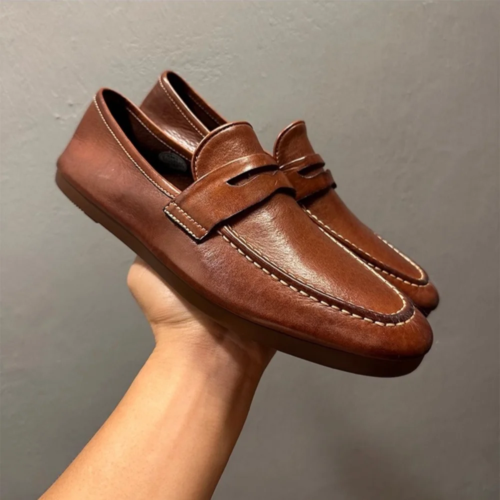 

HQHCCID Horsehide Handmade Loafers Shoes Men casual business Shoe Men Brown and Black Genuine Leather Man Shoes