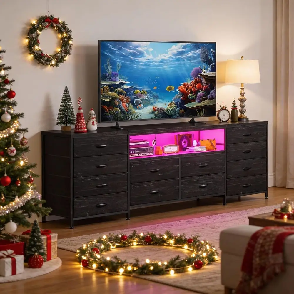 12 Ders Drer or Bedroom,TV Stand its 55/65/70 inch TVs | Entertainment Center with LED Lights & Power Outlets,Long abric Drer wi