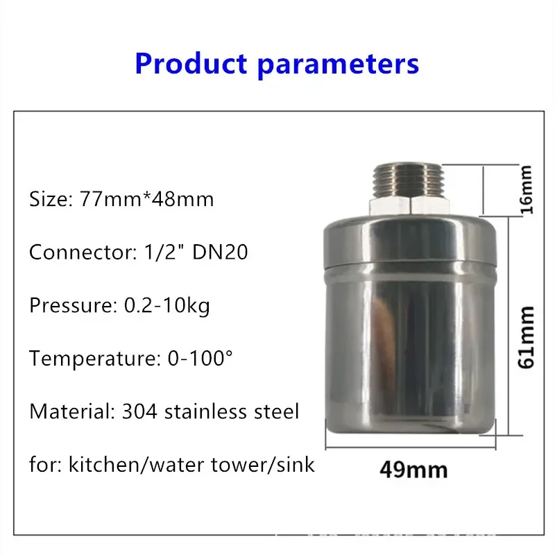 1/2" Floating Ball Valve Automatic Water Level Control  Stainless Steel Float Water Tank Water Tower Shutoff Valve