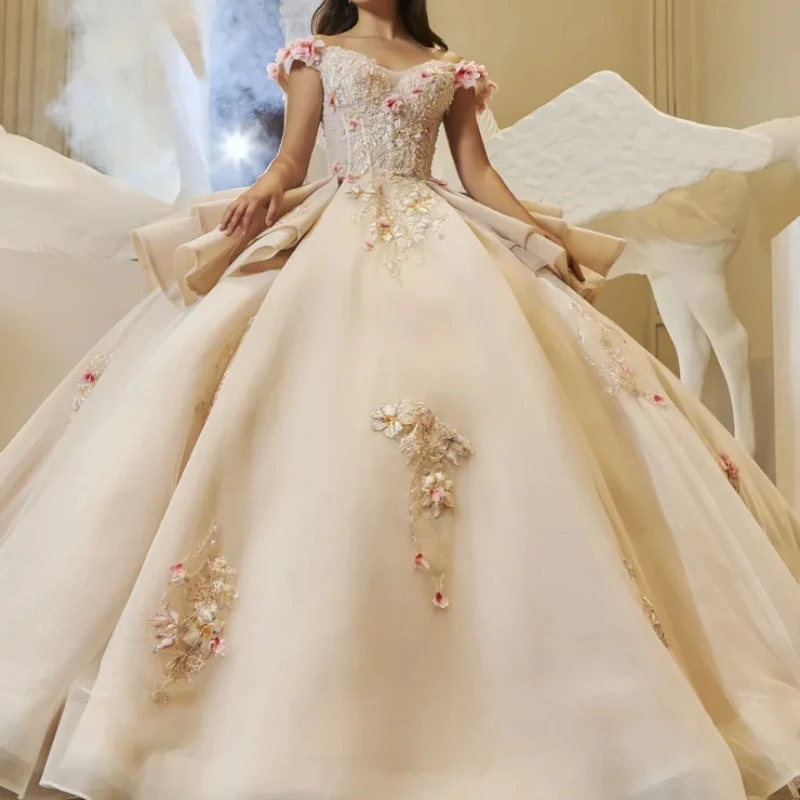 

Блестящие платья принцессы цвета шампанского для Quinceanera 2024 роскошный корсет с аппликацией и бусинами и кристаллами на шнуровке милые платья xv года