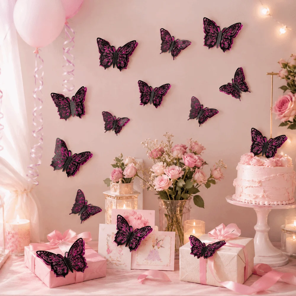 12 Pcs Colorful 3D Butterfly Wall Stickers Glitter Wings Hollow Butterfly-Shaped Wall Decor Patchwork Fairy Wall Decals