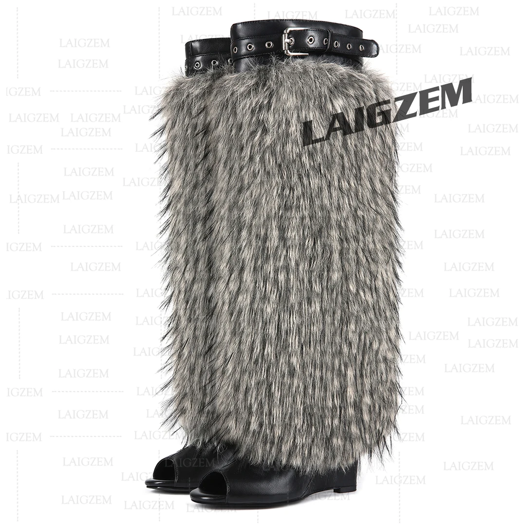 LAIGZEM Women Knee Boots Peep Toe Pull on Wedges Buckle Strap High Heels Boots Faux Fur Handmade Shoes Woman Big Size 41 43